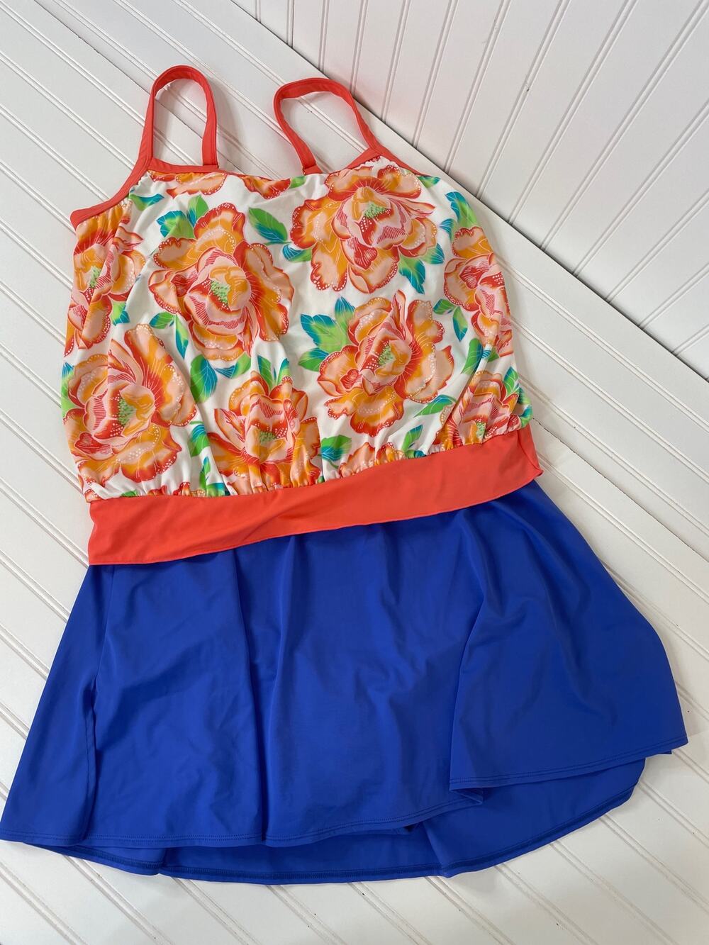 NWT Kim Rogers Orange Floral Padded Swim Top - Cazini Blue Swim Skirt Size 18W